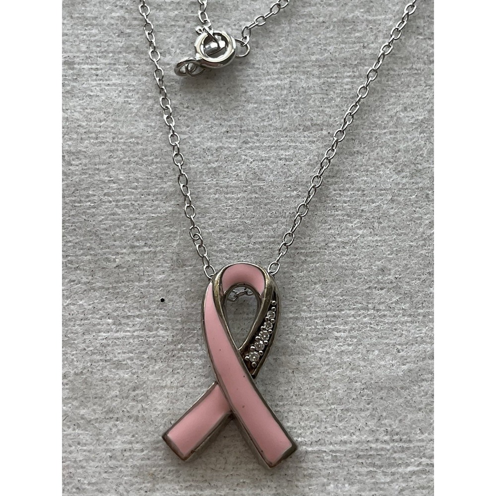 925 Sterling Silver breast cancer awareness pink ribbon pendant necklace